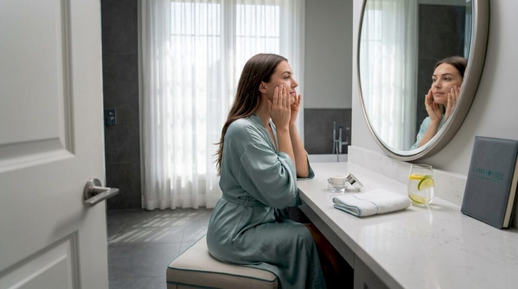 Woman gently applies moisturizer after treatment