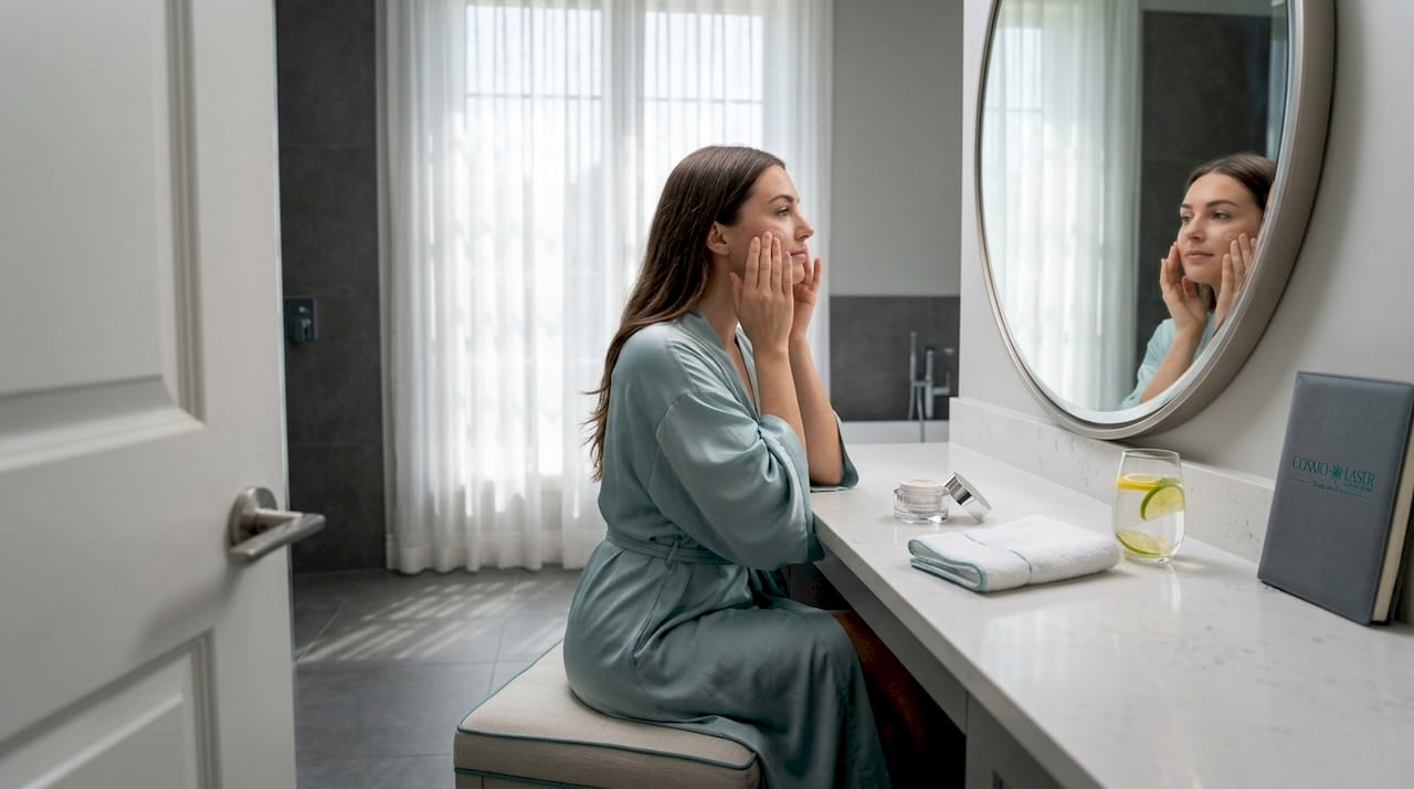 Woman gently applies moisturizer after treatment