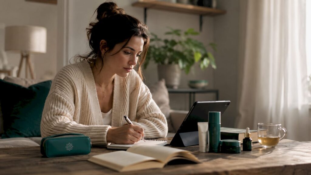 Woman preparing notes for dermatology consultation