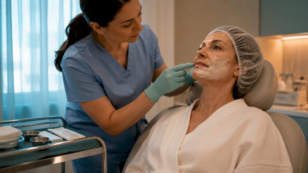 Clinician applying numbing cream on patient face