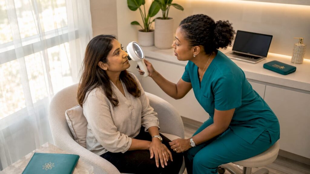 Dermatologist consulting patient in clinic