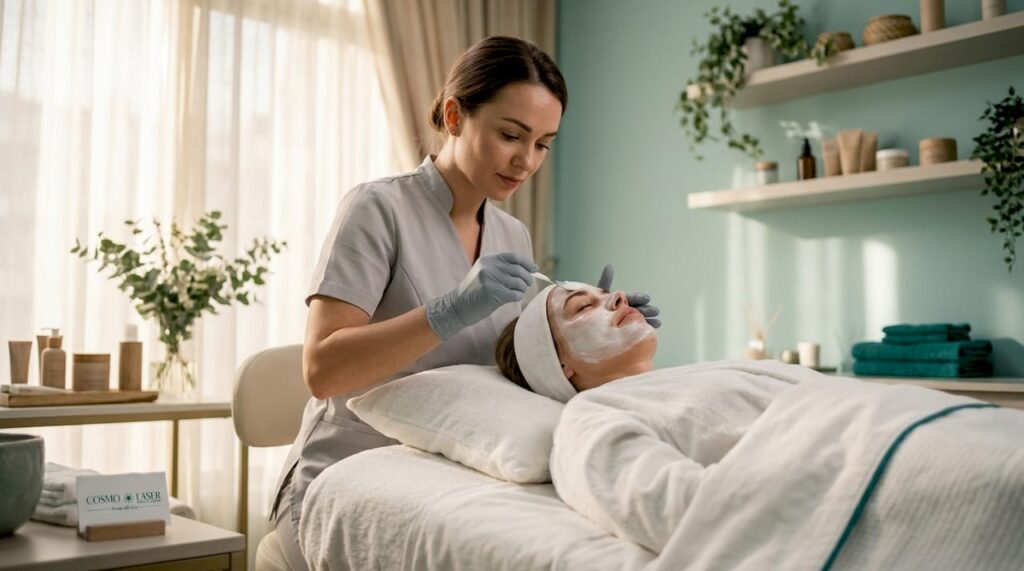 Licensed aesthetician applying facial treatment in spa