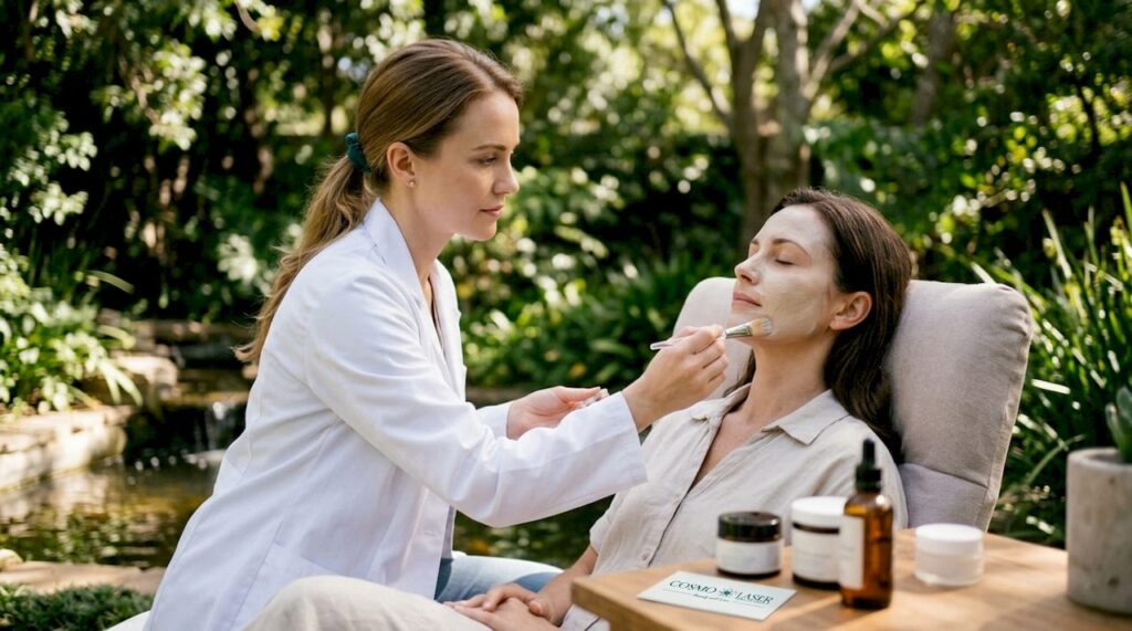 Dermatologist applying facial treatment in clinic
