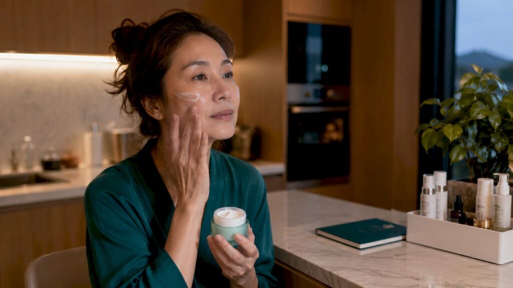 Woman applying skincare after procedure at home