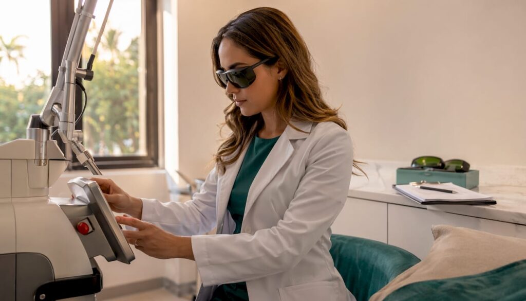 Clinician preparing laser device in treatment room