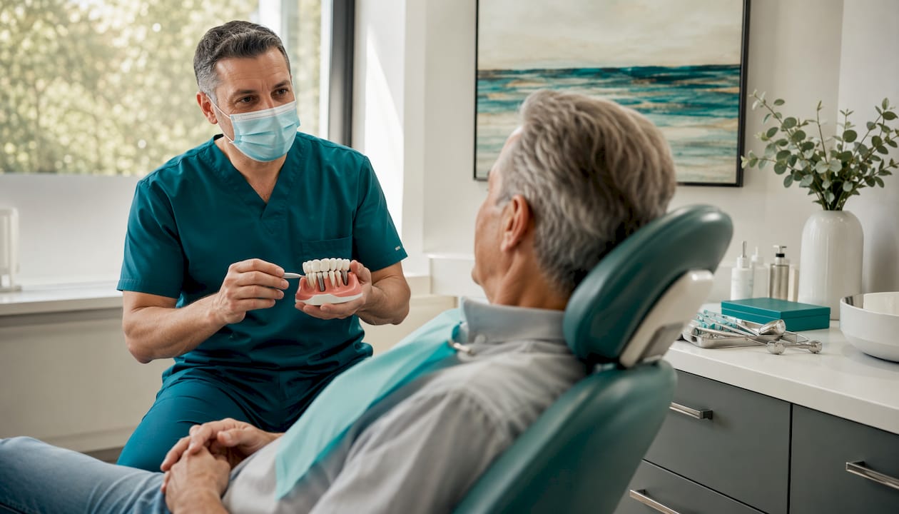 Dental surgeon consulting patient about bone graft