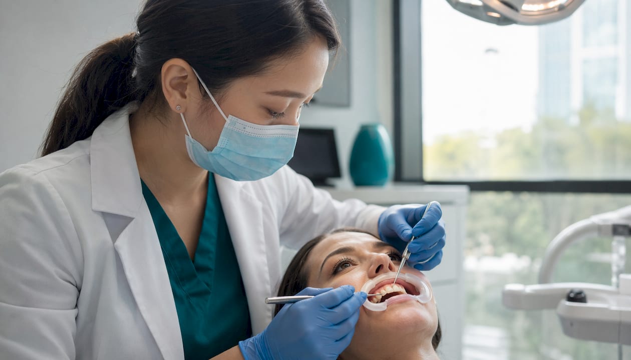 Dentist applying composite veneers in clinic