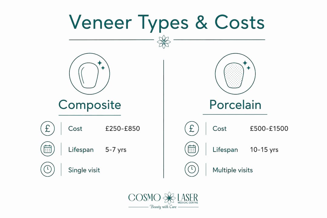 Infographic comparing veneer types, costs, longevity