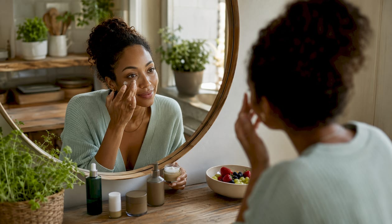 Woman applying under-eye cream in bathroom