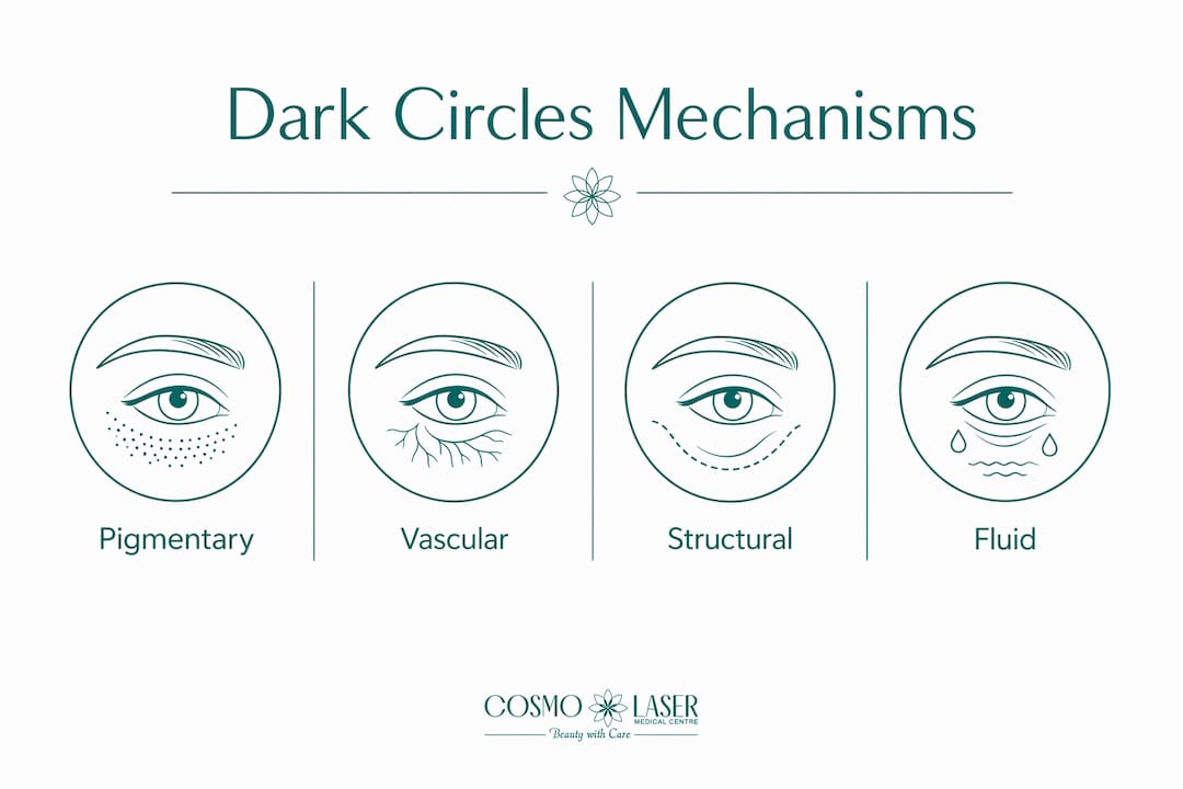 Infographic showing main mechanisms of dark under-eye circles