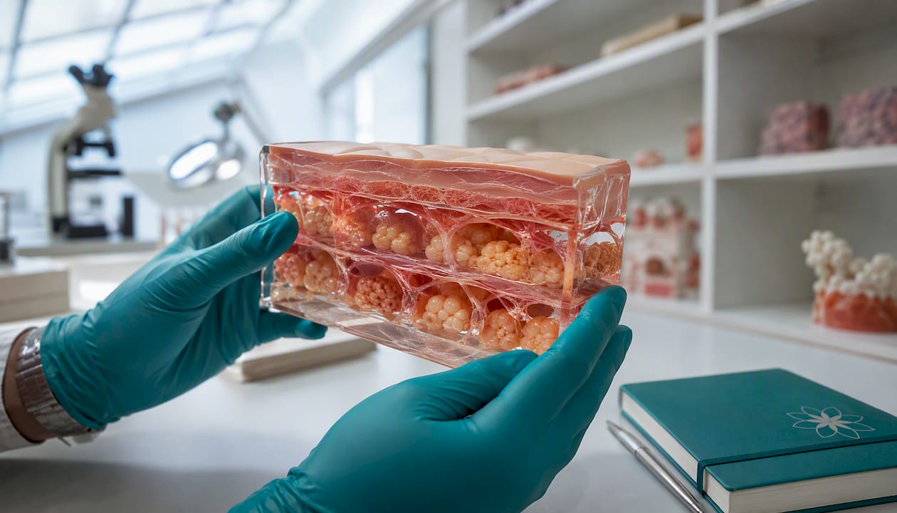 Close-up anatomical skin model showing cellulite layers