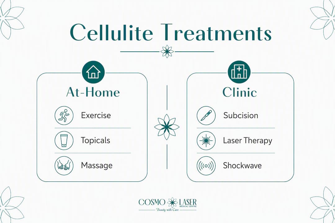 Infographic comparing at-home and clinic cellulite treatments