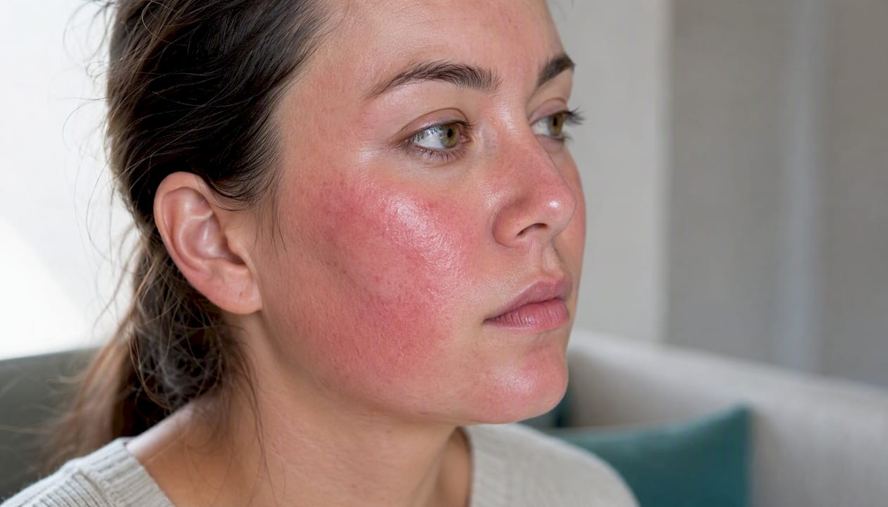 Close-up of skin with redness and tightness post-peel