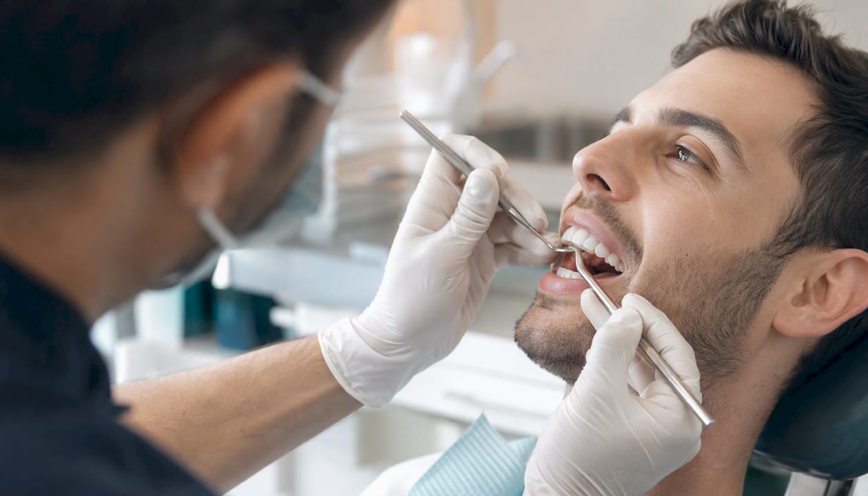 Dentist placing porcelain veneer on tooth