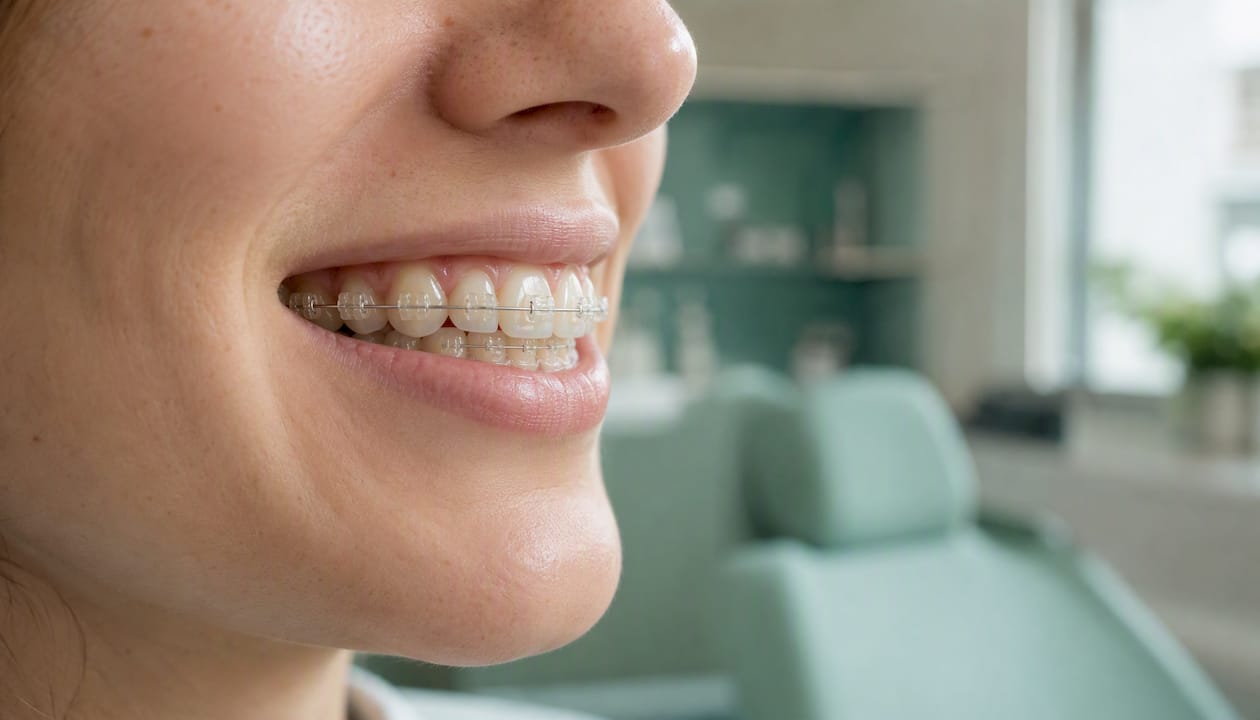 Ceramic tooth-colored braces on adult teeth