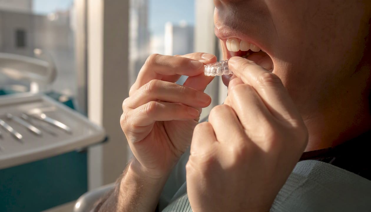 Adult placing clear dental aligner