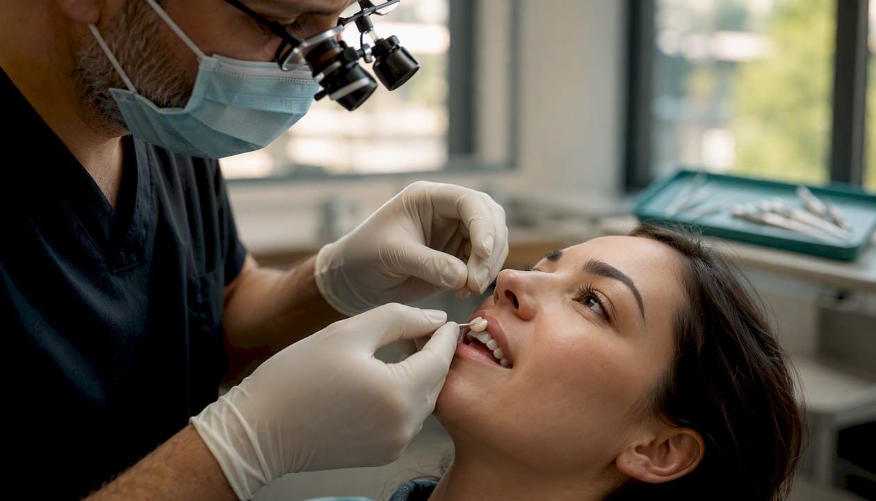 Dentist placing porcelain veneer on tooth