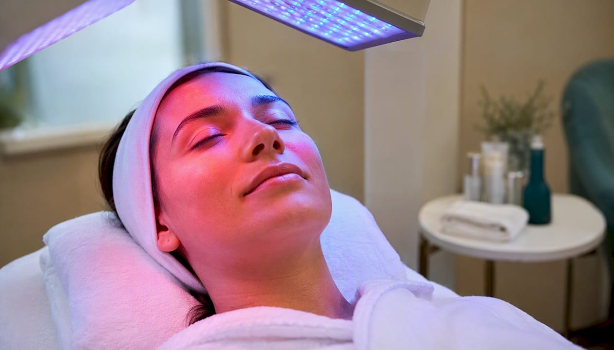 Patient receiving LED light therapy facial