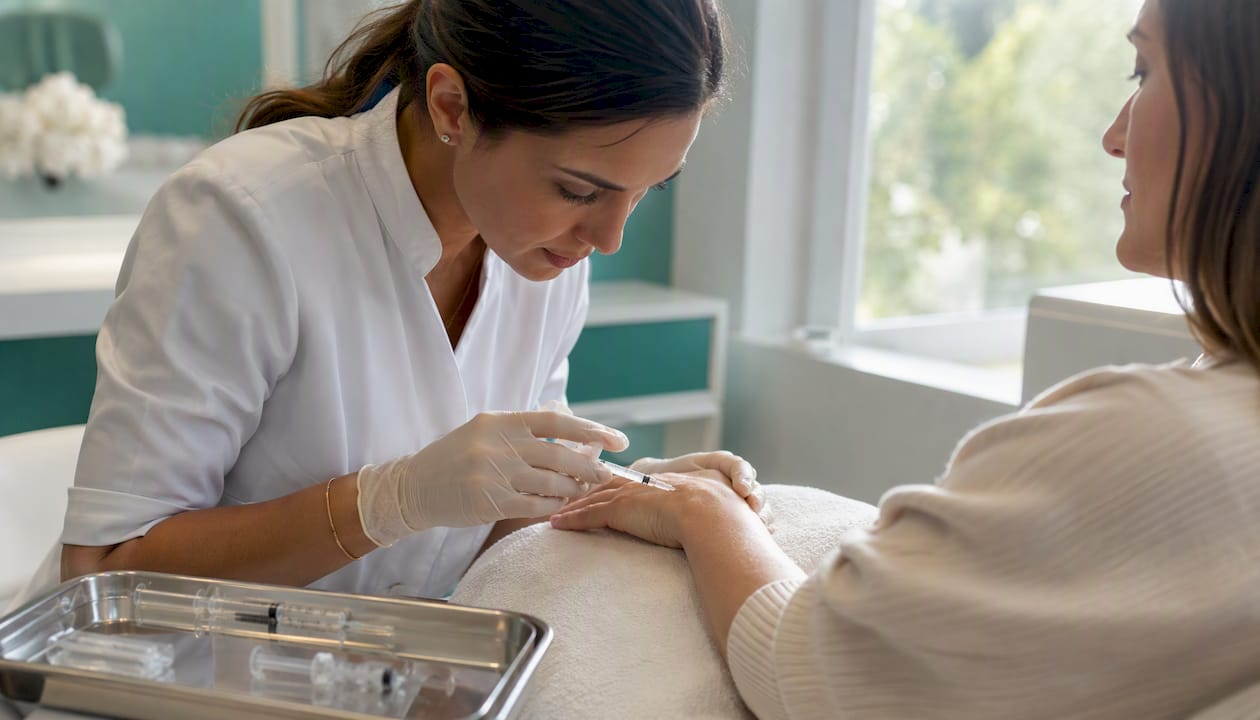 Dermatologist injecting filler into hand