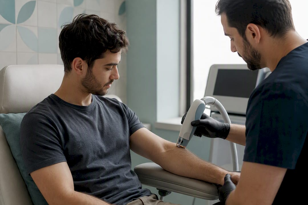 Clinician performing laser patch test on male patient