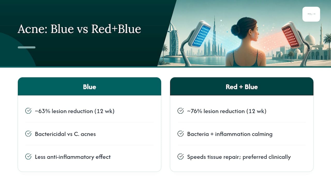 Diagram comparing red and blue light effectiveness for acne