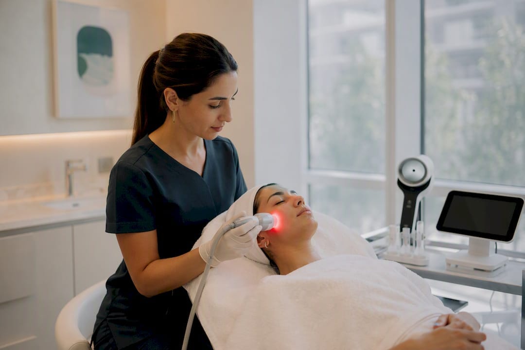 Patient receiving red light skin rejuvenation therapy