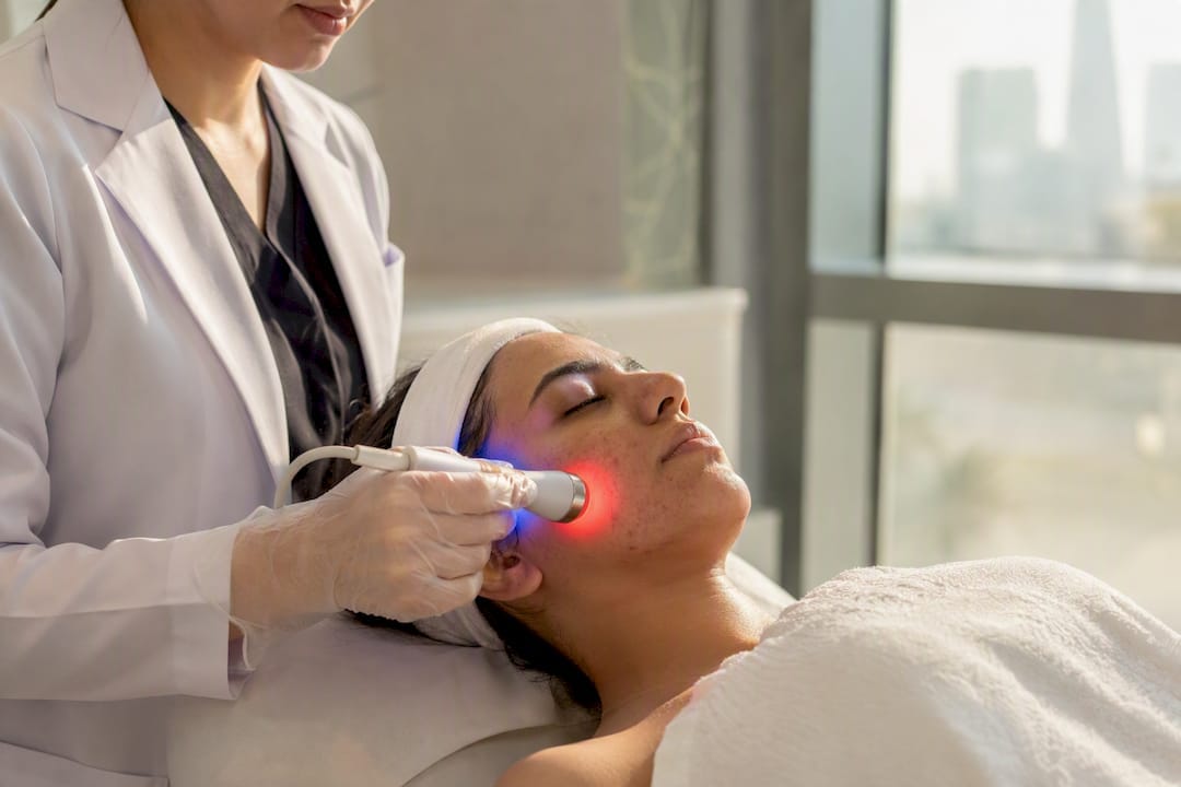 Clinician applying red and blue LED light therapy